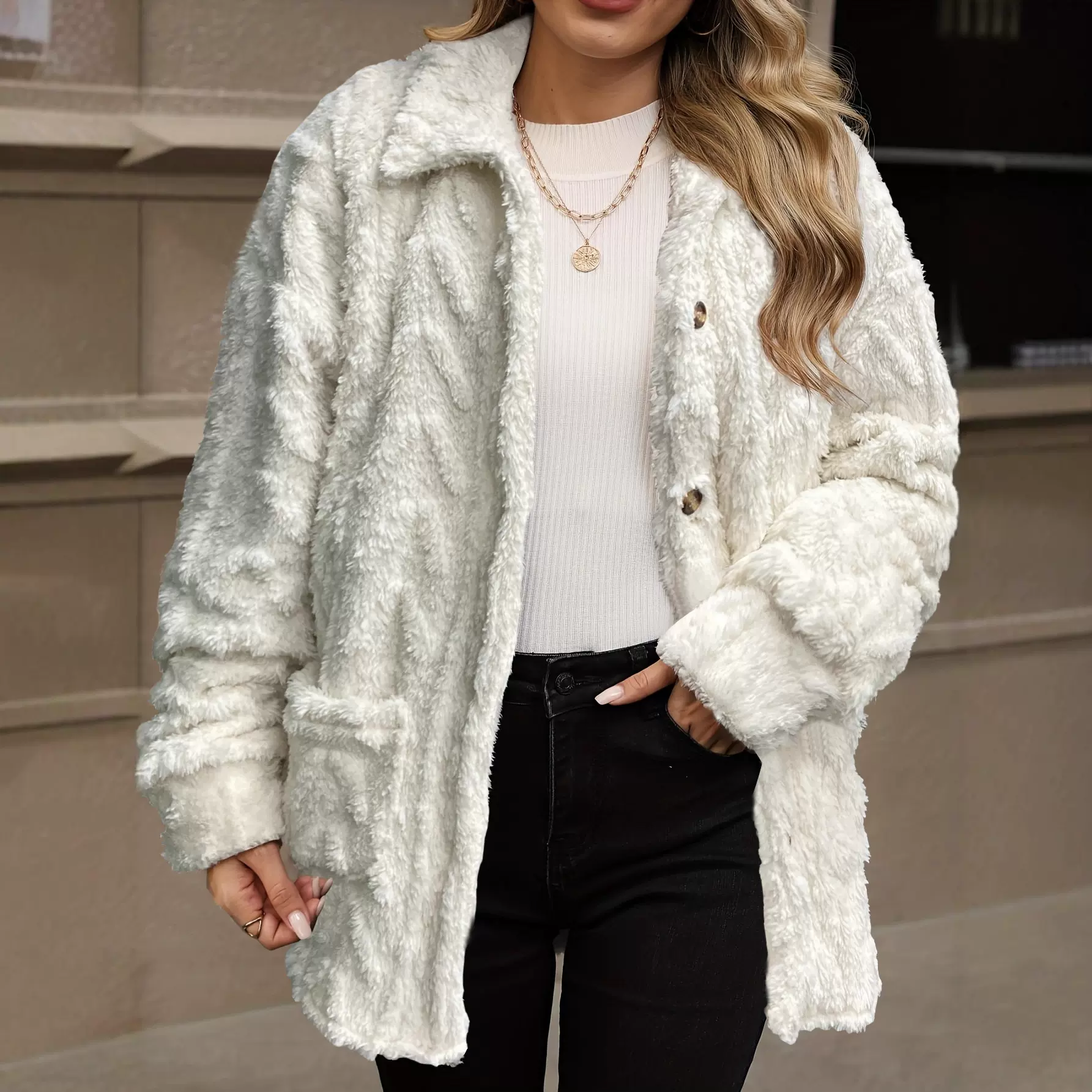 跨境外贸休闲开衫外套毛绒呢长袖翻领时尚夹克口袋欧美秋冬2025女