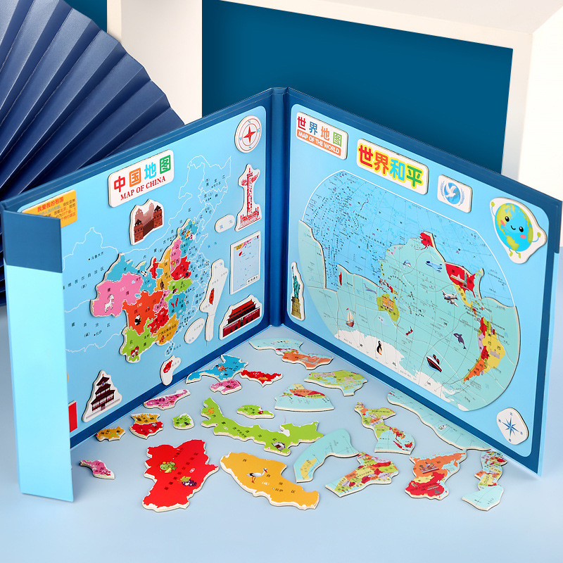 Madera Magnetic China Mapa del mundo Rompecabezas tridimensional Jardín de infantes Regalos para toda la clase Juguetes pequeños Regalos de recompensa