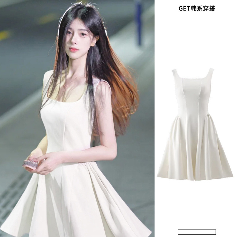 Korean-Style White Spaghetti Strap Dress for Women, 2026 New Model, Slim Fit, Waist-Cinching, First Love Style, White Dress for Date Wear Korean-Style White Spaghetti Strap Dress for Women, 2026 New Model, Slim Fit, Waist-Cinching, First Love Style, White Dress for Date Wear