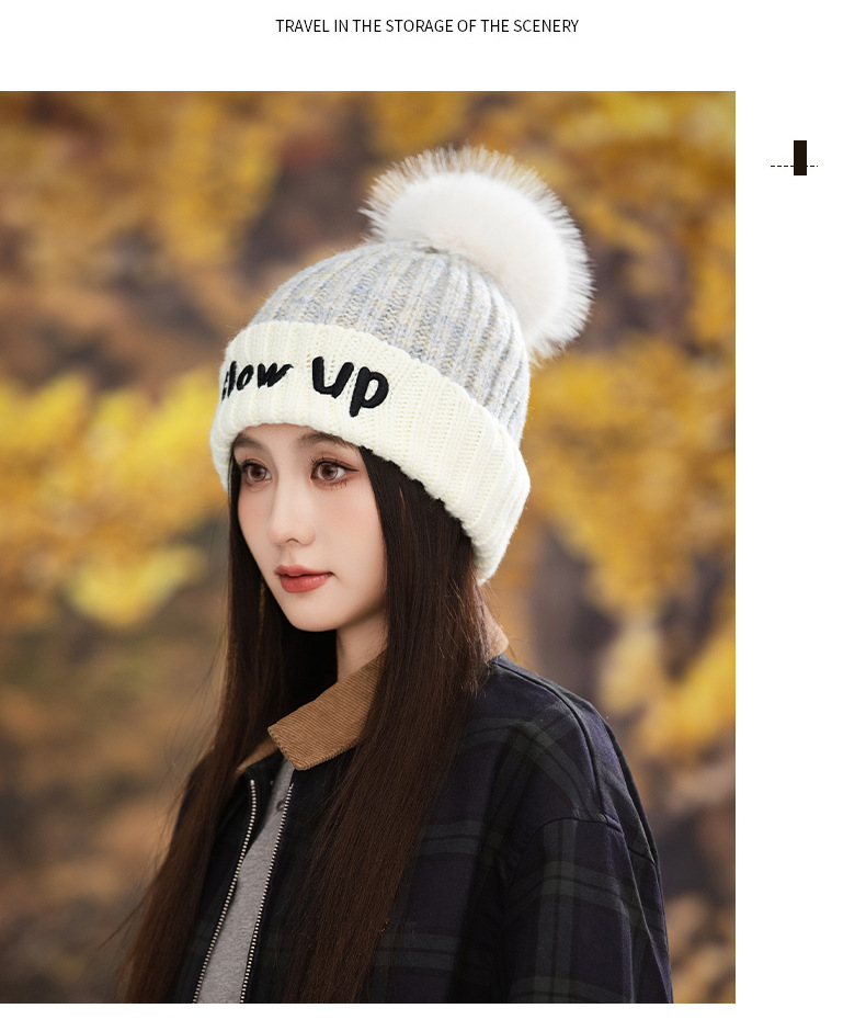 Gorro de lana de punto con bordado de letras inglesas, versátil, bonito y cálido, ideal para otoño e invierno. Con pompón. Estilo coreano._voghion.com