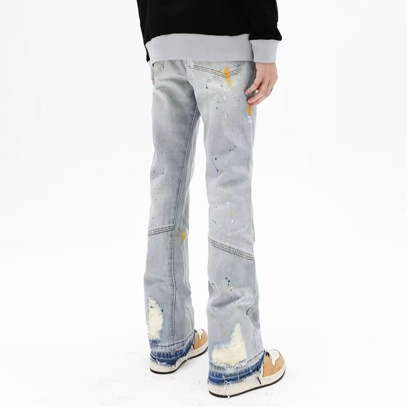 abbigliamento da uomo Jeans da strada in stile americano per la primavera e l'autunno stretch slim fit con fori, micro svasato lungo alla moda_voghion.com