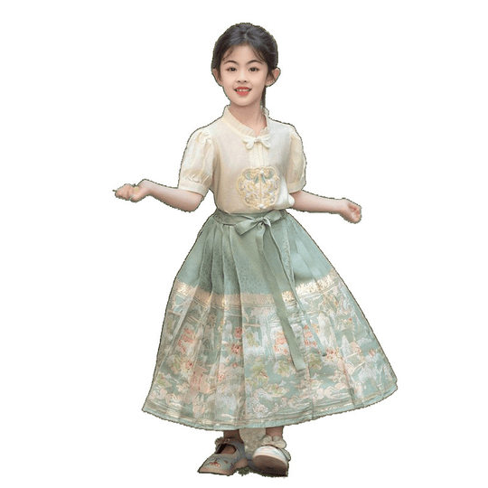 Hanfu Girl's Summer Outfit with Mamian Skirt for Older Children, New Chinese-Style Ancient Costume for Girls, Tang Suit Dress for Girls