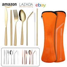 亚马逊不锈钢刀叉勺筷子吸管旅行野营户外便携餐具套装環保收纳袋