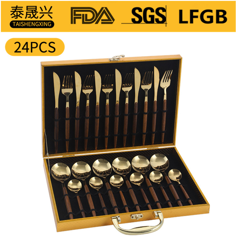 Amazon popular vajilla de acero inoxidable 24 piezas traje portugués mango de grano de madera cuatro piezas principales cuchillo de comida occidental, tenedor y cuchara traje