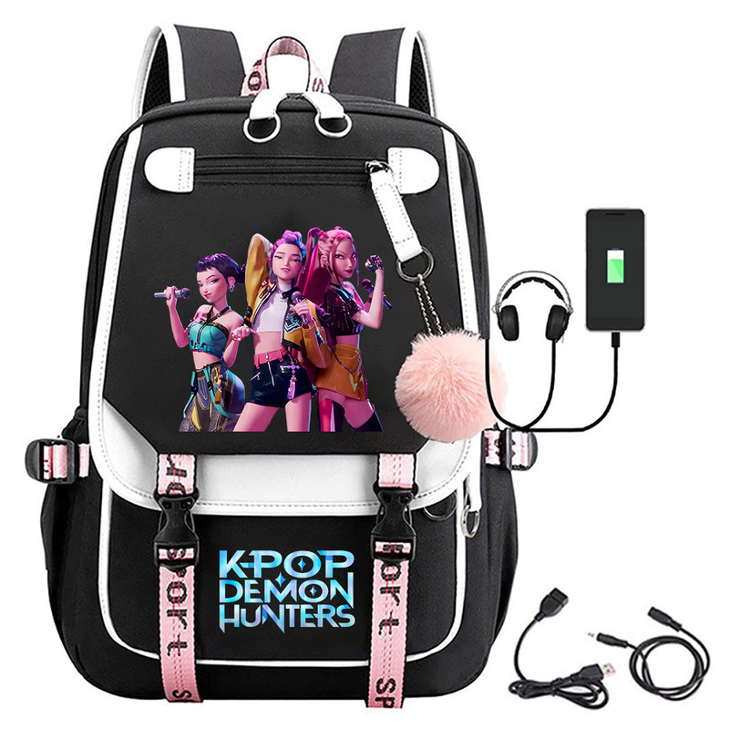 kpop猎魔女团电影周边印花双肩背包书包学生校园带毛球背包|undefined