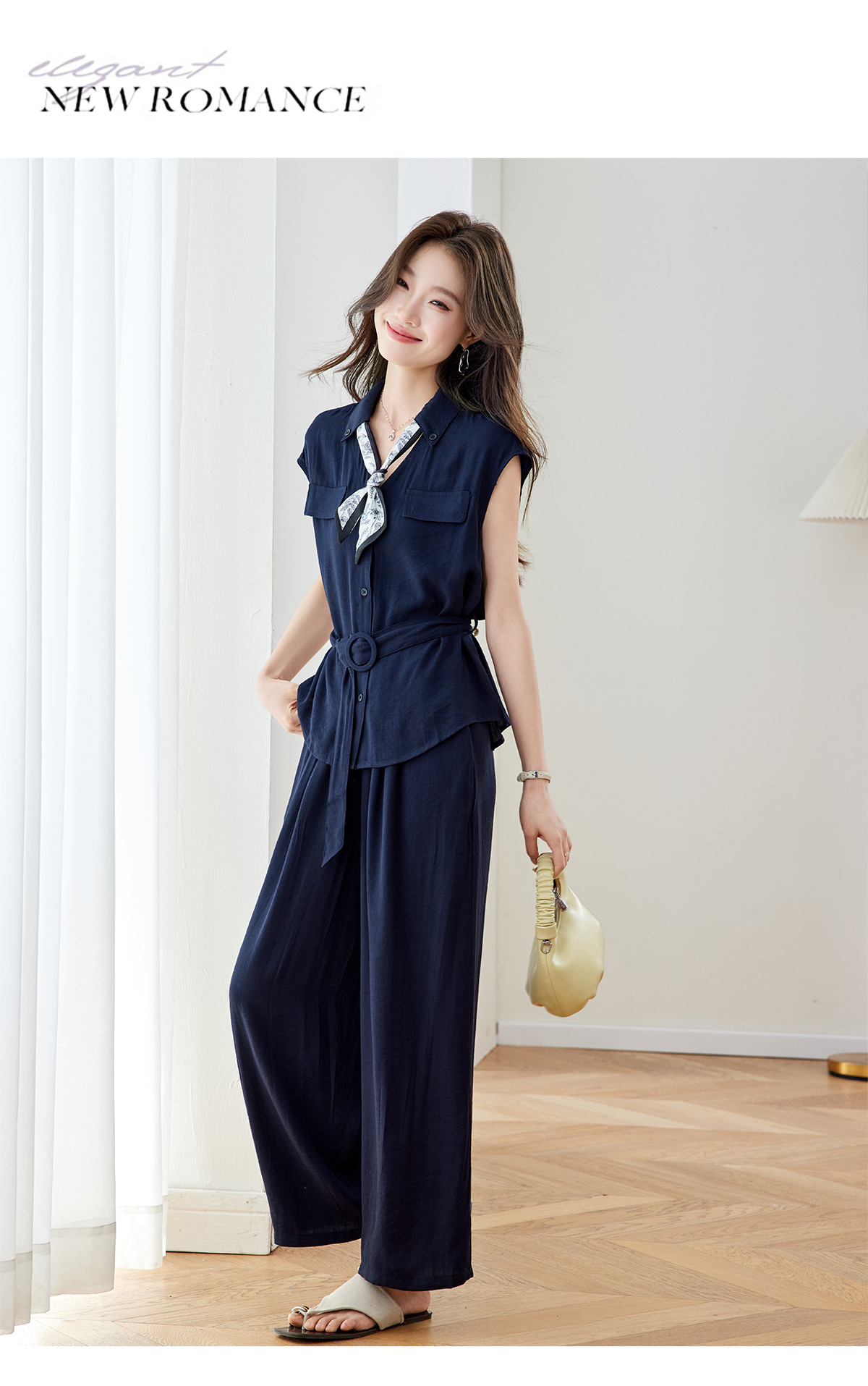 Bộ quần áo không tay nữ cổ V eo thắt, quần ống rộng cạp cao hai mảnh MZ2705 — Xanh lông mòng đen, màu trắng ngà chi tiết 15