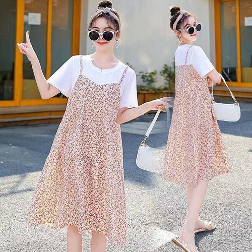 Pregnant women's floral two-piece dress set, Korean style loose medium-long dress, trendy for outdoor and home use.