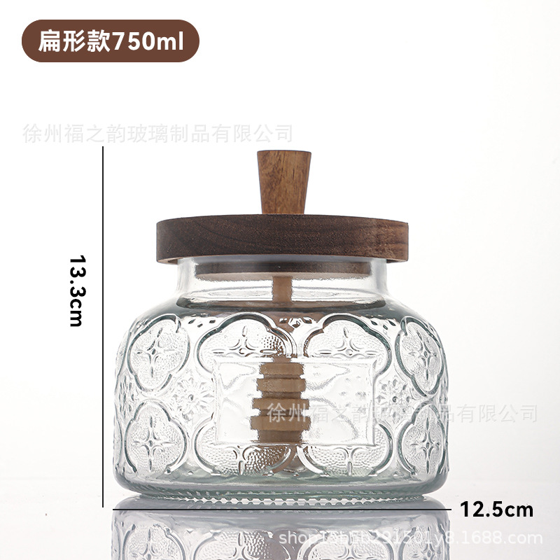 Frasco de almacenamiento de flores de begonia retro de acacia, tanque de miel, barra de agitación transparente con tapa, tanque de vidrio sellado de almacenamiento de cocina