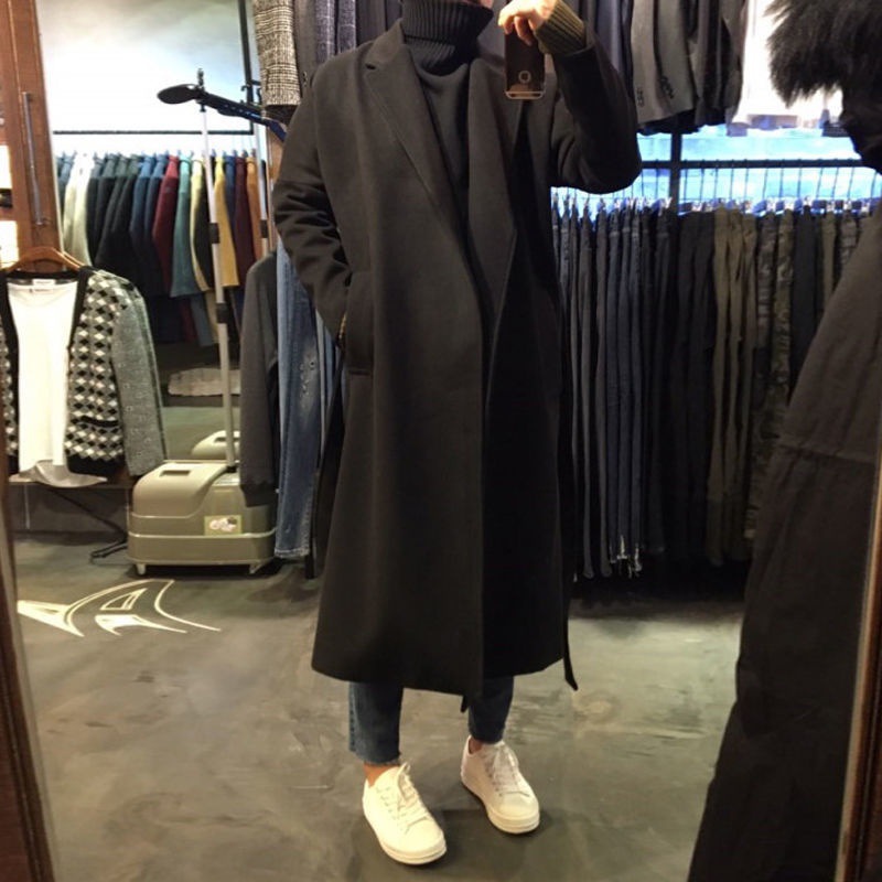 man Korean Edition overcoat Super long Off the shoulder Overknee Fur overcoat Large Easy Woollen cloth overcoat coat new pattern