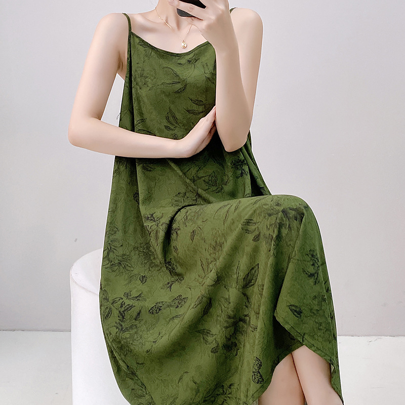 Spring New Style Cotton Silk Printed Loose Women's Nightgown Home Clothes Casual Outwear Sexy Long Dress Slip Skirt Pajamas