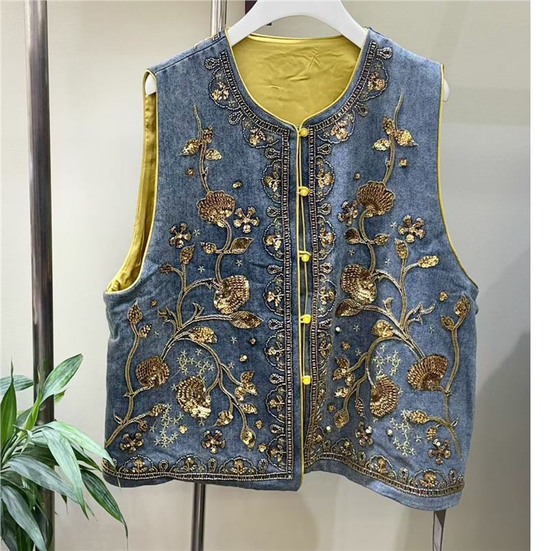 Nuevo estilo chino de la industria pesada bordada sequinilla clavado chaleco de vaqueros primavera nuevo plegado lujo ligero camisa de hombro para mujeres image 7