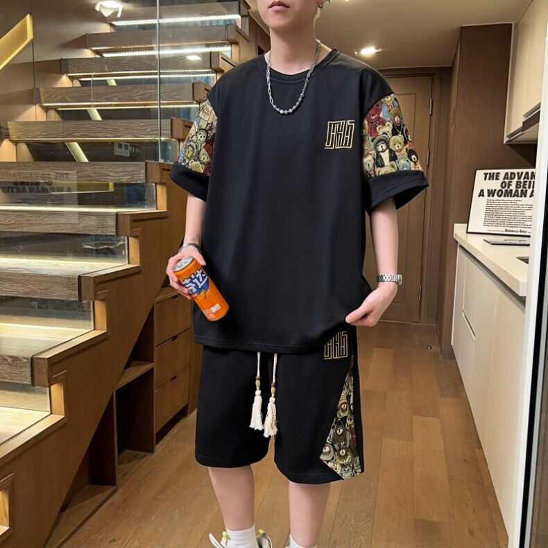 Creative Cartoon Bear Loose Men's Casual All-match T-shirt suit Summer Thin Stitching Short-sleeved Shorts Two-piece Set