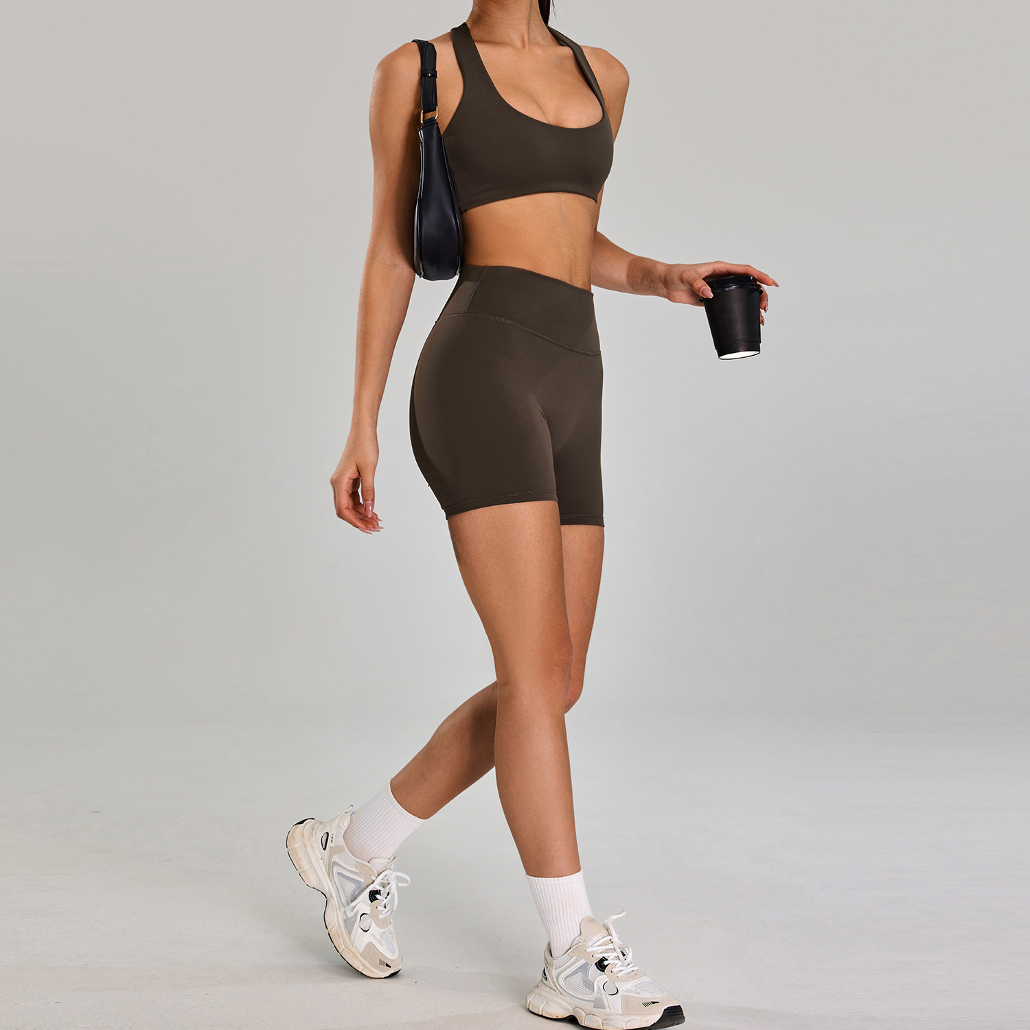 Traje deportivo de alta intensidad europeo y americano, correr al aire libre, ropa de fitness desnuda, cintura alta delgada, ropa de yoga de cinco piezas