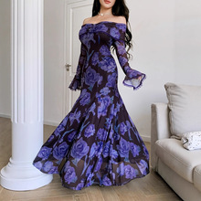 跨境欧美法式优雅一字肩抹胸长袖收腰长款气质晚宴约会度假仙女裙