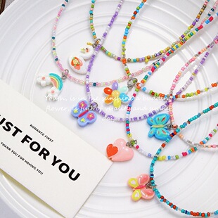 Colorful Beaded Necklace Childlike Butterfly Heart Clavicle Chain Cartoon Cute Colorful Red Flowers Dopamine Girl Jewelry