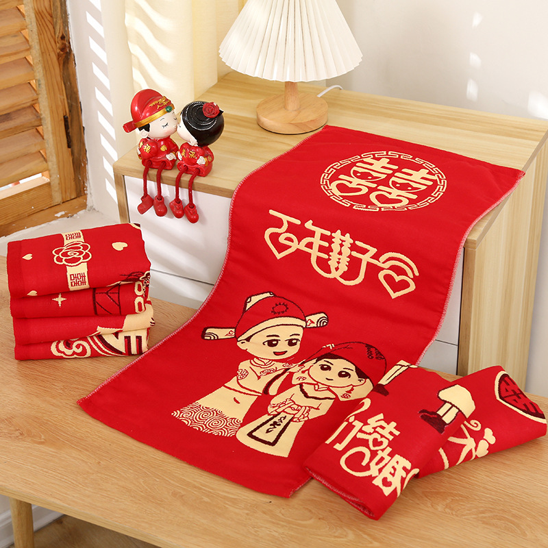 Wedding Towel Red Four Layers Cotton Cloth Cartoon Creative Bridal Gift Handmade Wedding Towel 
