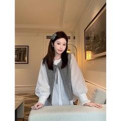 2025春秋新款宽松叠穿背心外套毛衣女圆领系带外搭短款毛针织马甲