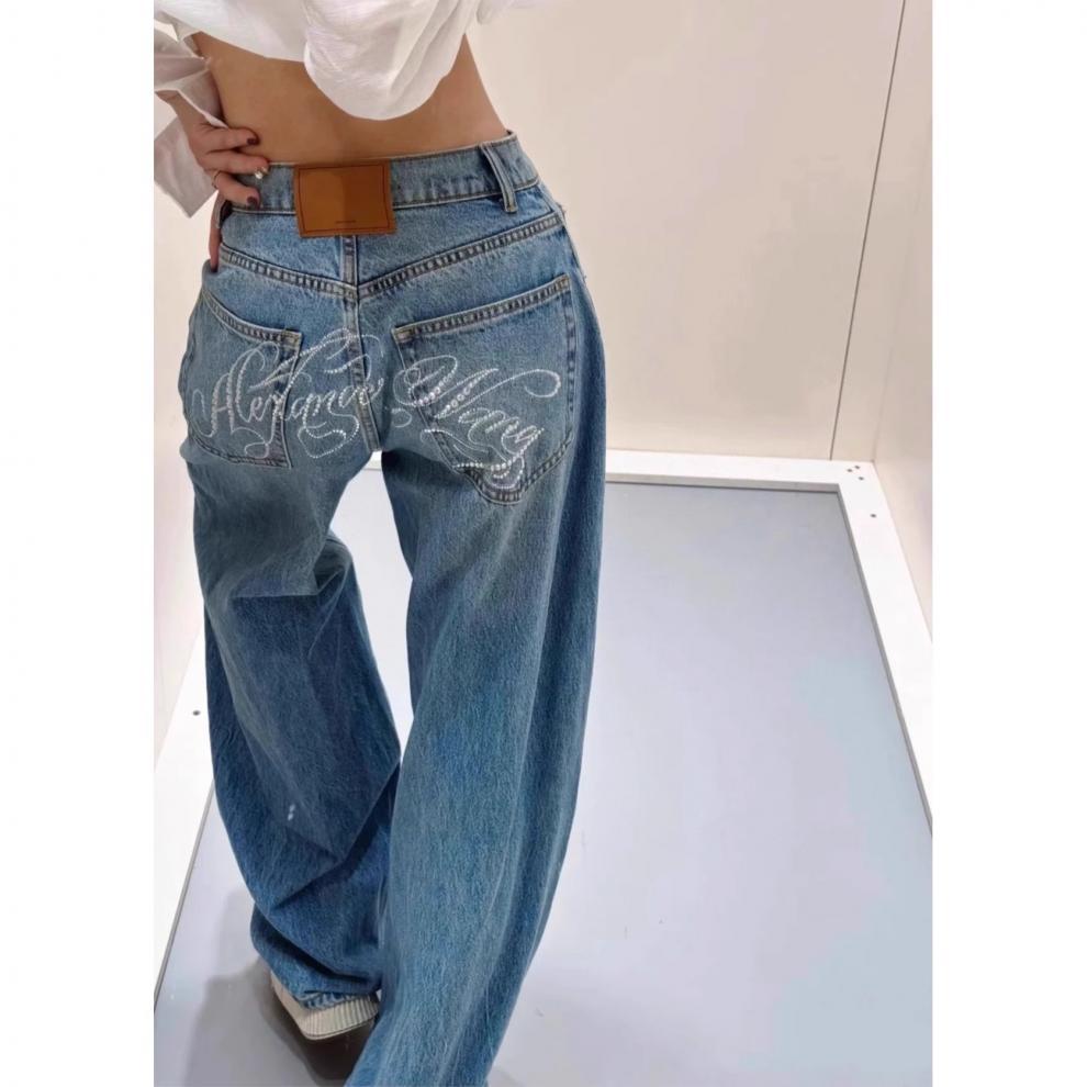 Damjeans hög midja raka ben med rhinestone bokstäver_voghion.com