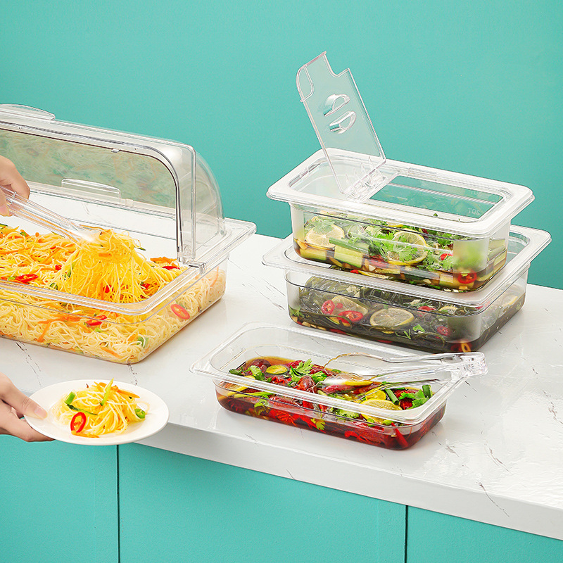 Acrílico bandeja de plato frío Pantalla de alimentos caja de porciones de plástico verduras guisadas puesto comercial encurtidos con tapa caja de conservación