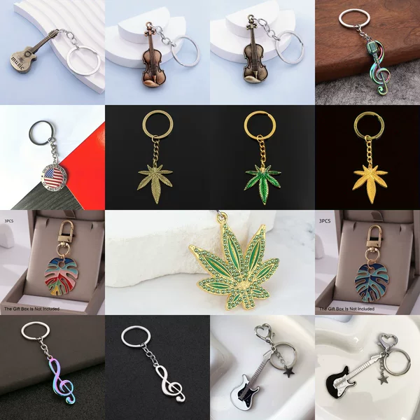 Cross-border Hot-selling Collection Dropping Oil and Diamond-encrusted Alloy Maple Leaf Violin Guitar Keychain Pendant Pendant
