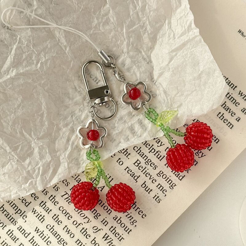 Korean Sweet and Cute Crystal Handmade Beaded Small Fresh Cherry Keychain Coin Purse Headphone Bag Exquisite Pendant