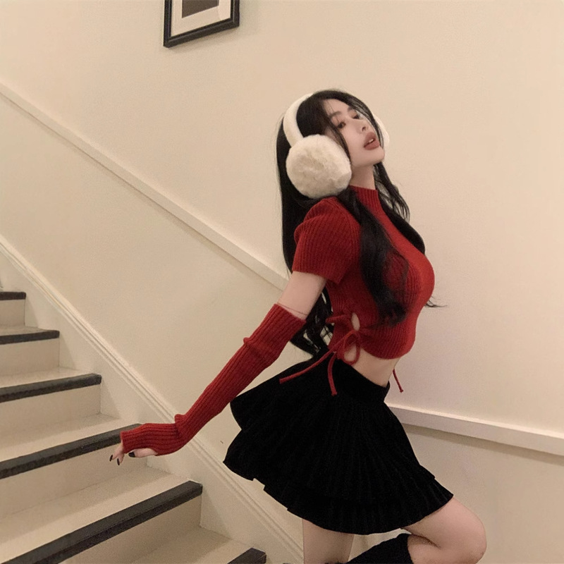 Pure New Year Red Long Sleeve Knitted Shirt Top Women's Autumn and Winter Christmas Hot Girl Design Drawstring Sleeve Short Sweater