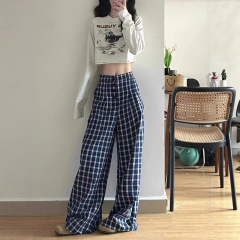150小矮个子复古格纹阔腿休闲裤女夏季薄款慵懒风高腰宽松拖地裤
