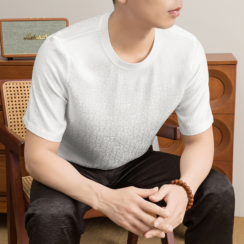 Áo thun nam tay ngắn lụa jacquard Mulberry mỏng nhẹ mùa hè — Trắng 8876