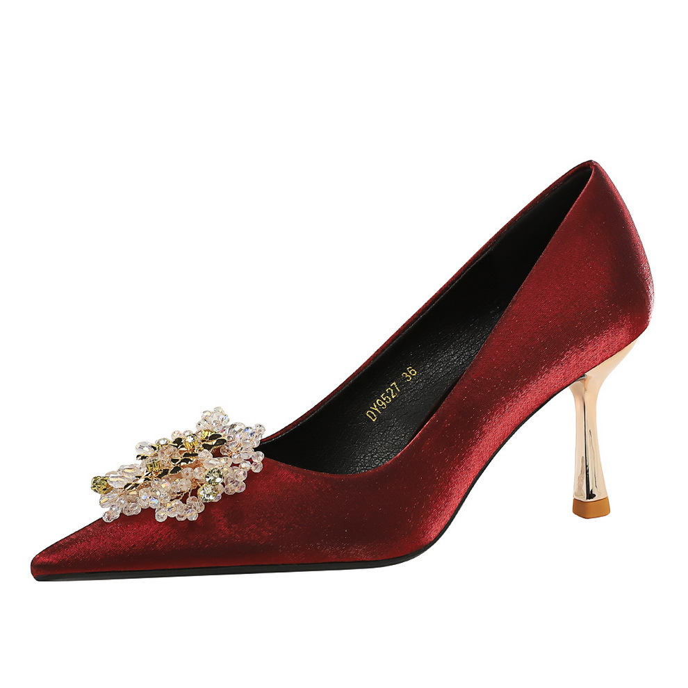 9527-H96 French style fashionable metal high-heeled women's shoes with rhinestone flower decoration pointed silk satin fine single order shoes for women