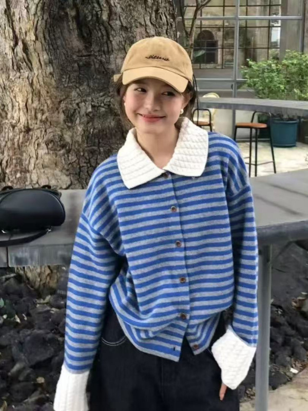 甜美风复古条纹翻领毛衣外套女2025秋季新款别致减龄韩系百搭上衣|undefined