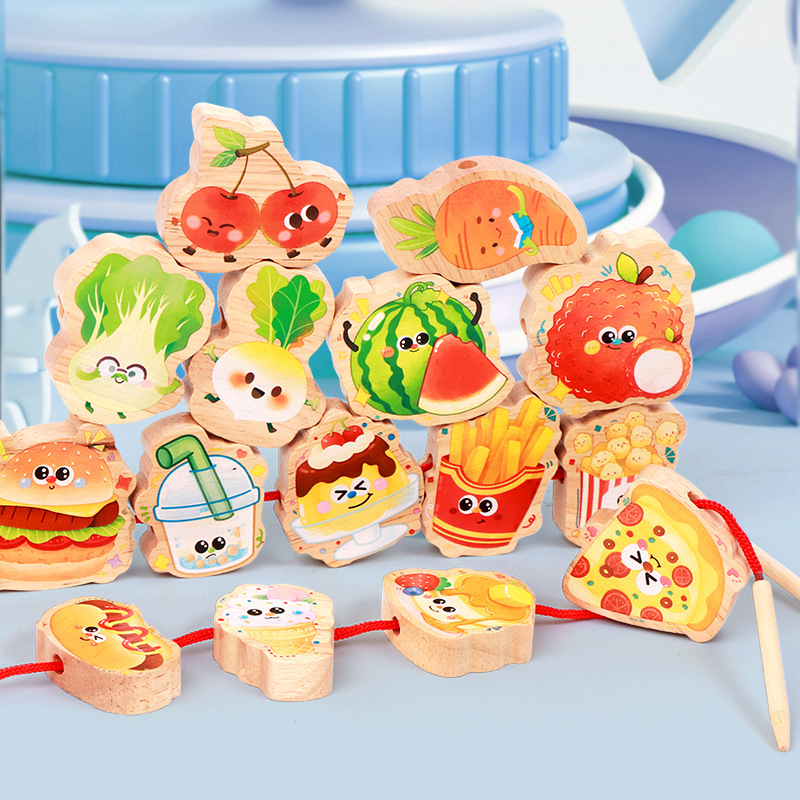 Niños transfronterizos de educación temprana de madera animales de fruta cuentas grandes bloques de partículas apilados Le bebé cuerda juguete de puzzle