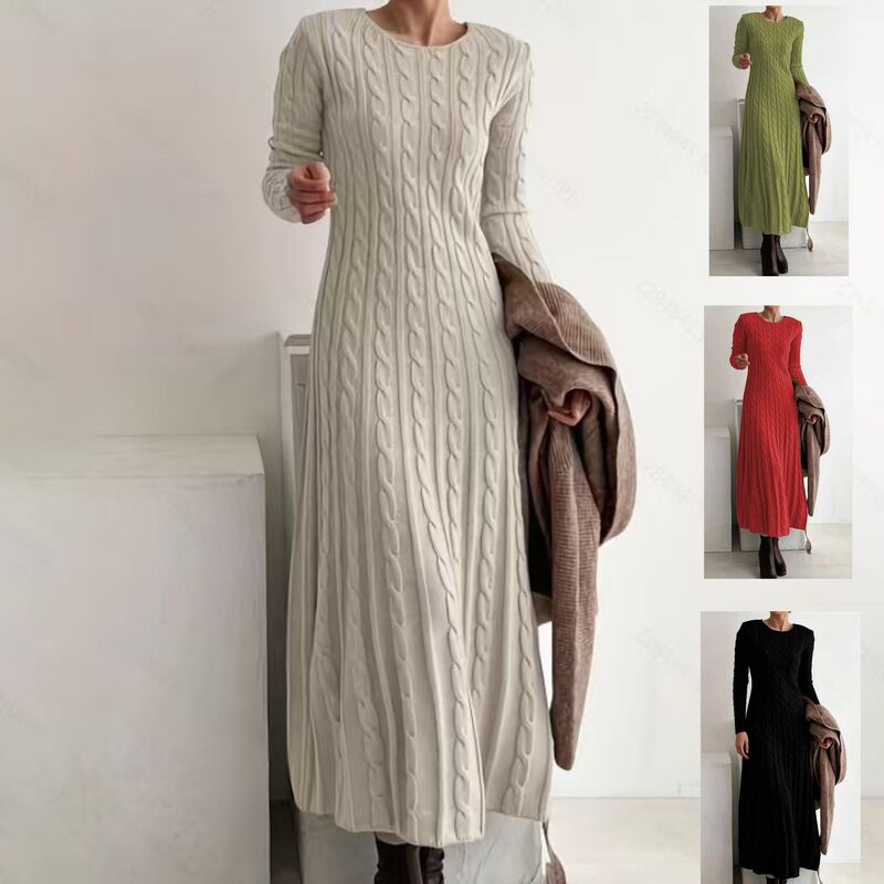 Cross-Border Amazon Foreign Trade Knitted Dress Autumn and Winter New Slim Round Neck Twist Sweater Long Skirt with Inner Skirt Cross-Border Amazon Foreign Trade Knitted Dress Autumn and Winter New Slim Round Neck Twist Sweater Long Skirt with Inner Skirt
