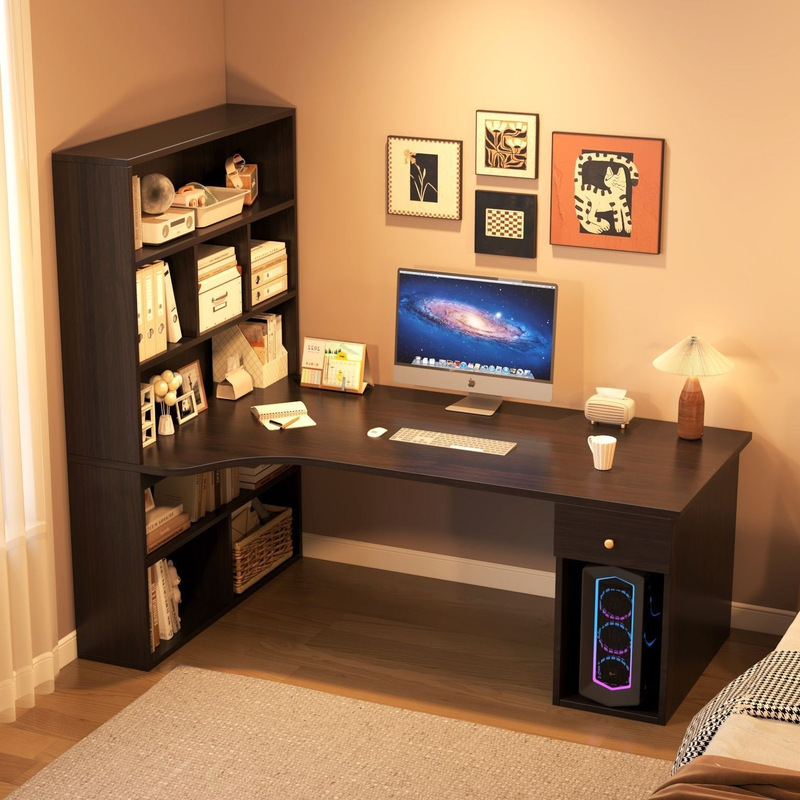 Desk with bookshelf, home computer desk, student study desk, corner desk, multi-functional with drawers, made of engineered wood Desk with bookshelf, home computer desk, student study desk, corner desk, multi-functional with drawers, made of engineered wood