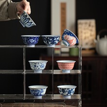 仿古青花釉中彩压手杯功夫茶具千佛五佛缠枝莲主人杯禅意茶道茶杯