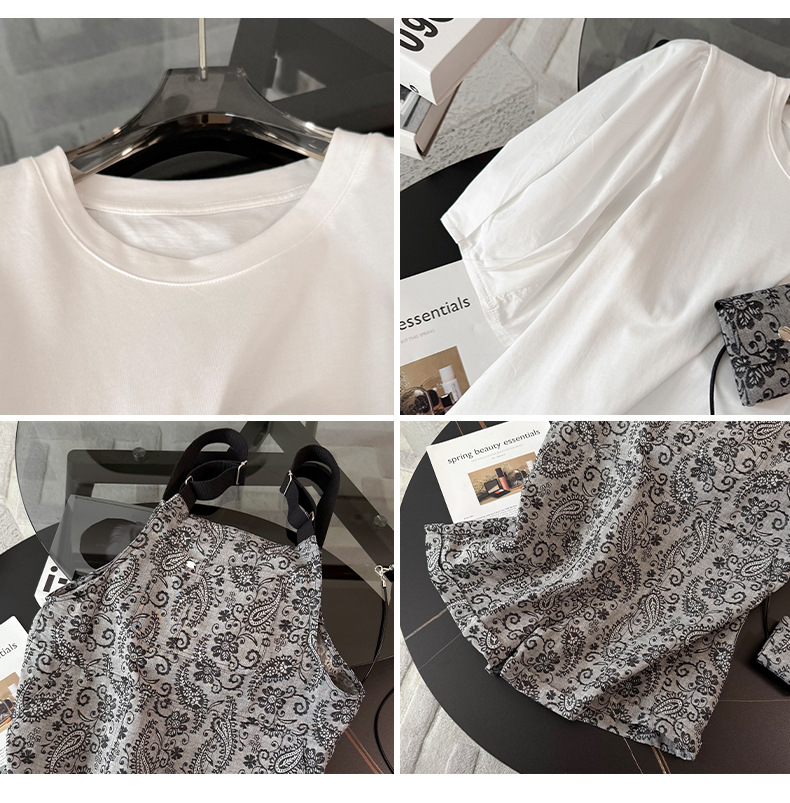 Damenbekleidung Lässiger Mode-Sportanzug Rundhalsausschnitt Bubble Kurzarm Jacquard Trägerhose Zweiteiliger Anzug_voghion.com