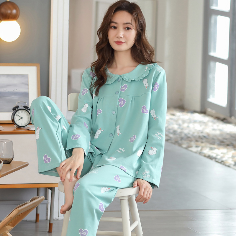 Traje % Pijama de algodón de manga larga impresa casual suelta primavera y otoño delgada ropa de aire acondicionado ropa para el hogar se puede usar fuera