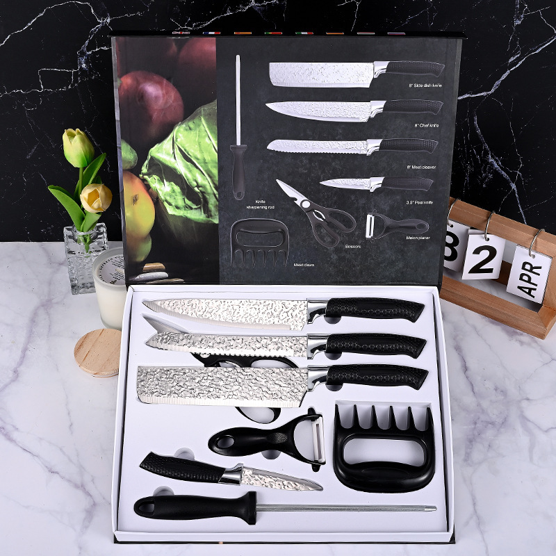 Juego de cuchillos de 8 piezas con mango de malla y patrón de martillo