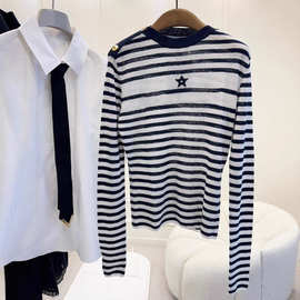 现货D家2025秋冬亚麻罗纹海军条纹船锚金扣薄款五角星长袖针织衫