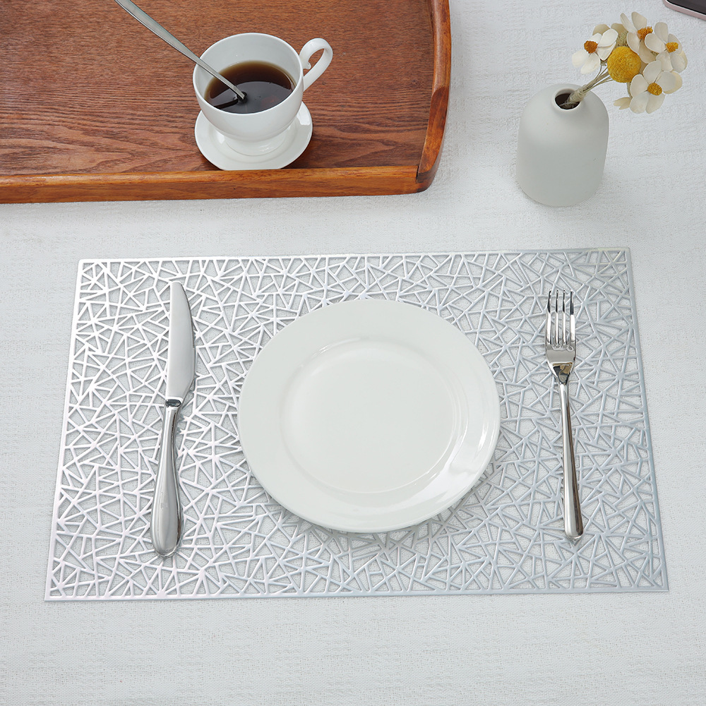 Geométrico hueco placemat multicolor dorado PVC Western placemat oro y plata decorativo posavasos antideslizante aislamiento estera lavable