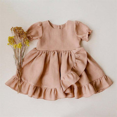 Girls' cotton and linen short-sleeved dress 2023 spring and summer new style ins foreign trade small and medium-sized children's lace large wave princess skirt 