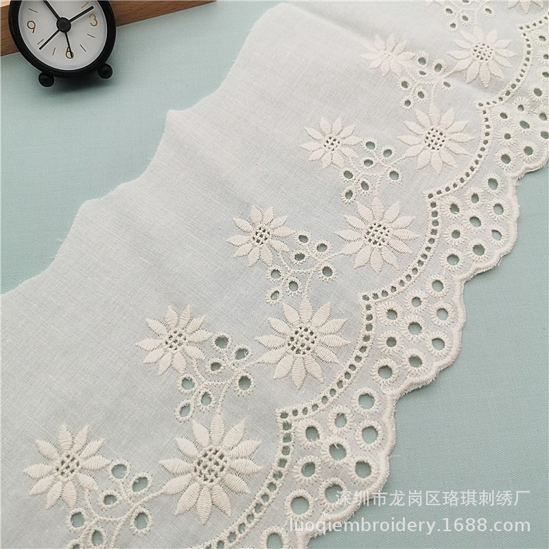 厂家批发 宽14cm米杏色棉布花边 清雅雏菊花刺绣DIY四季服装辅料