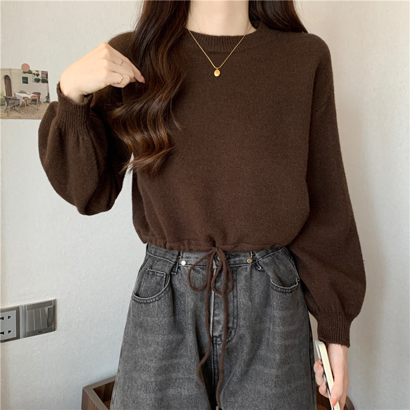 Coreano de color sólido simple perezoso estilo pequeño suéter de moda de otoño y invierno de cuello redondo cuerdas sueltas jersey de tendencia image 13