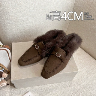 软皮版~内增高4CM毛毛鞋女金属扣一脚蹬包头加绒保暖懒人包头拖鞋