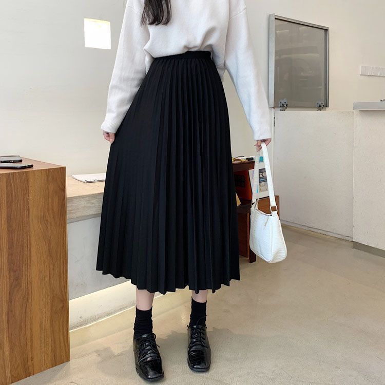 黑色半身裙女秋季2025年新款裙子秋冬中长款百褶裙显瘦高腰A字裙|undefined
