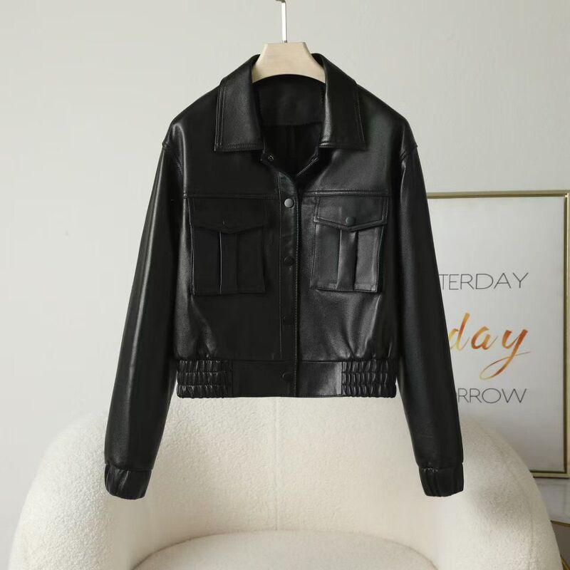 Spring and Autumn New Style Genuine Leather Jacket for Women, Made of Sheepskin, Oil-Waxed Semi-Vegetable-Tanned Short Motorcycle Leather Jacket