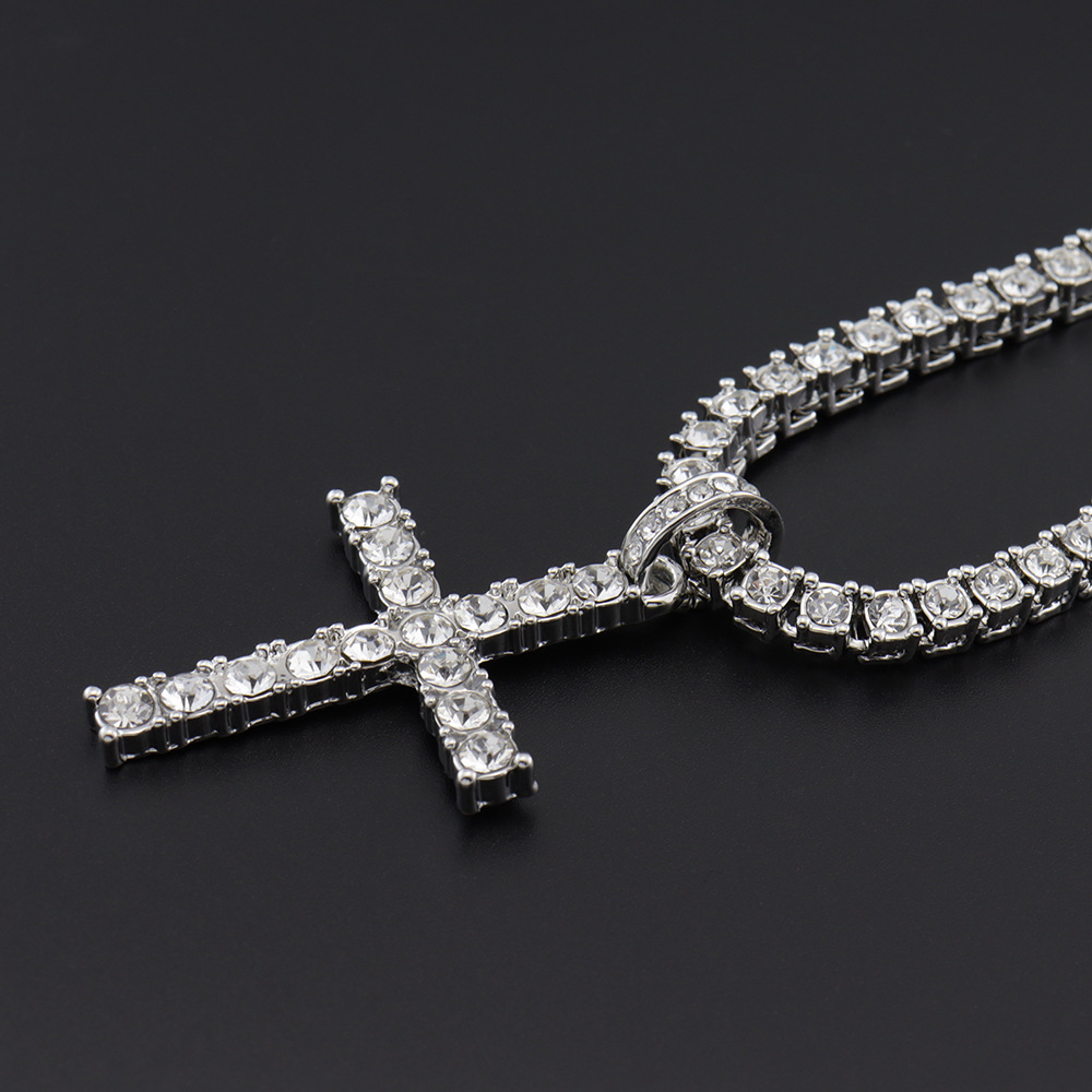 10g Weight Alloy Pendant Material Rhinestones Inlay Material Pendant Necklace Classification Alloy Chain Material Tennis Chain Chain Type Street Occasion Alloy Material Cross Pattern Unisex Gender Retro, Punk Style Ornament Simple  Style Full Diamond Single Row Diamond Tennis Chain Men's And Women's Big Cross Pendant Necklace 3