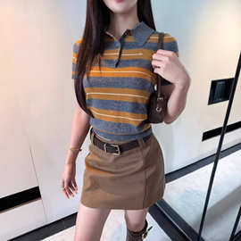 高品质MU家POLO领条纹短袖针织衫早春新款撞色T恤上衣女修身百搭