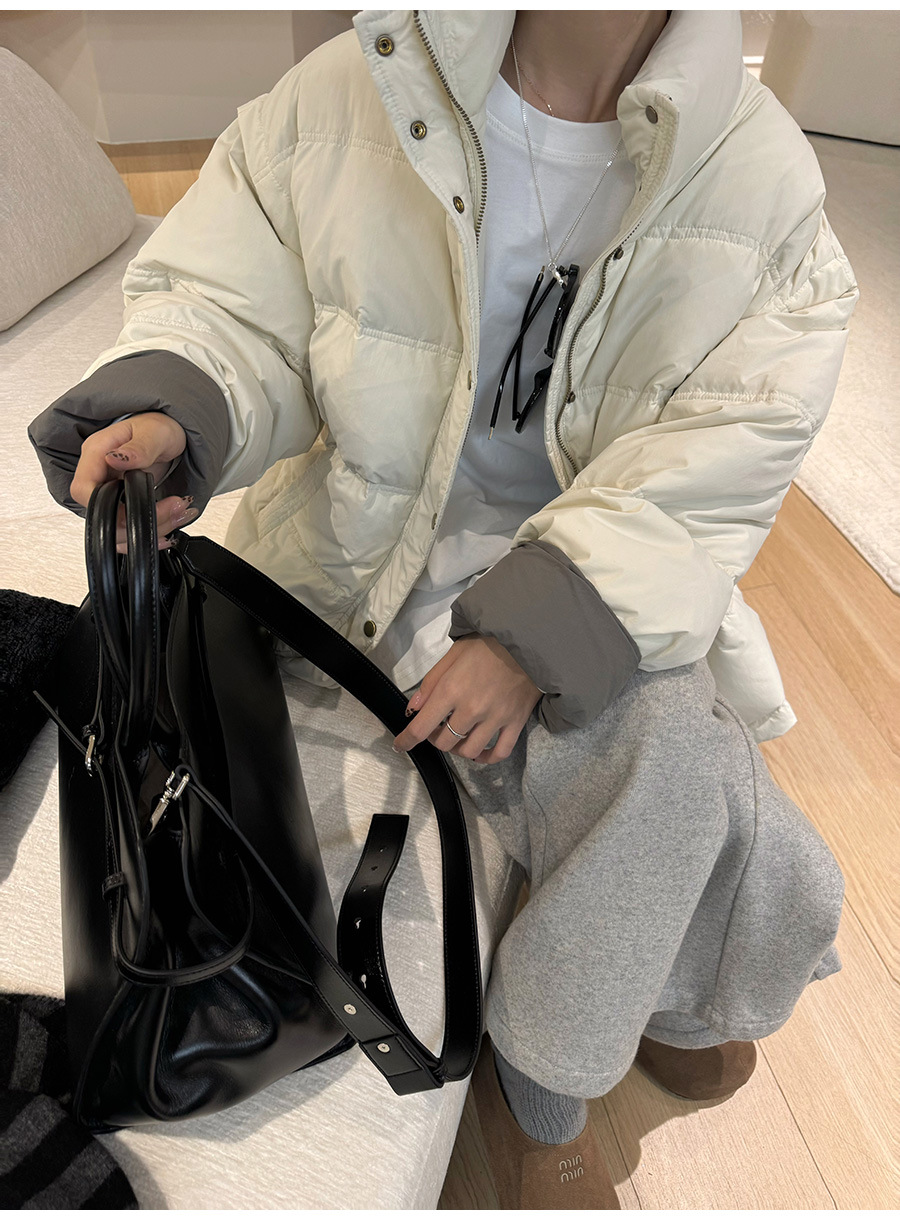 黎诺韩系休闲拼色白鸭绒羽绒服女2024冬季新款立领宽松面包服外套详情3