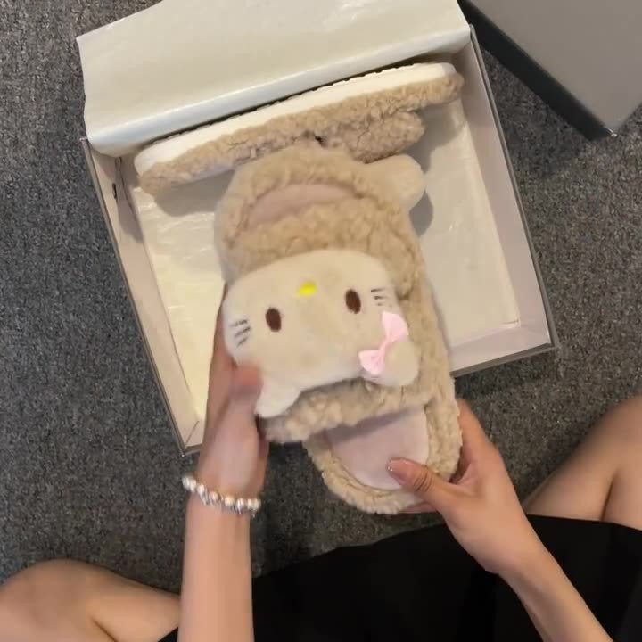 新款可爱风卡通小猫咪潮流百搭毛毛拖秋季时尚外穿少女感棉拖鞋女|undefined