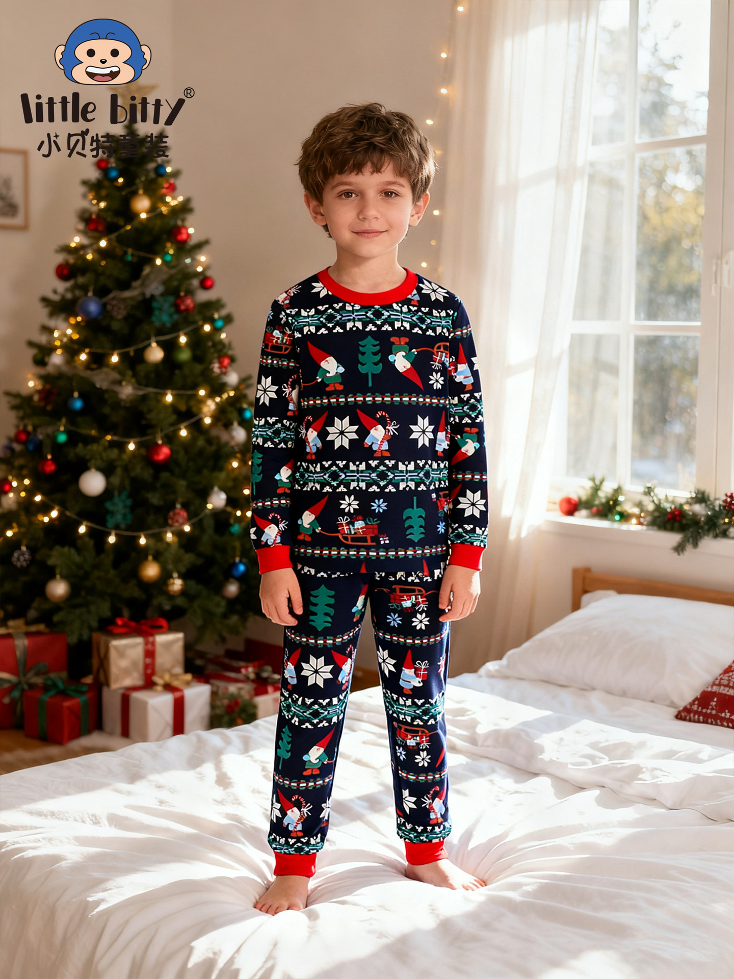 European and American Style 25Th Autumn and Winter New Two-Piece Set for Small and Medium-Sized Children Christmas Printed Round Neck Tight Pajamas Home Clothes